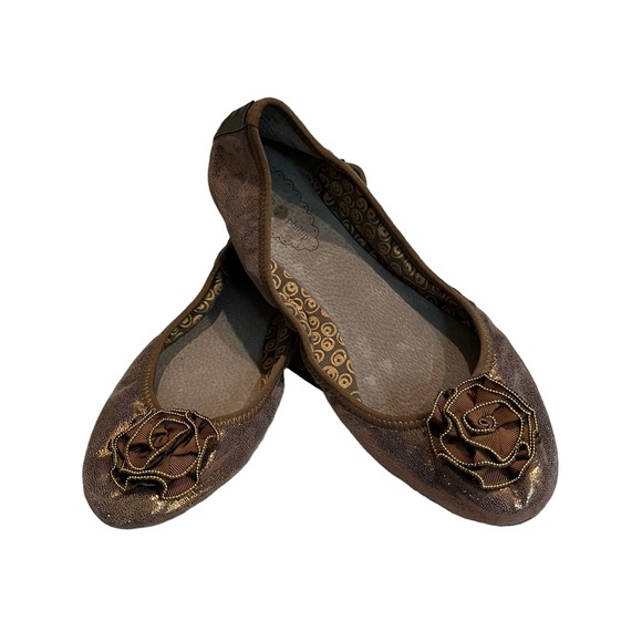 Lindsay Phillips Liz Ballet Flats Brown Metallic Flower Leather - Picture 2 of 10